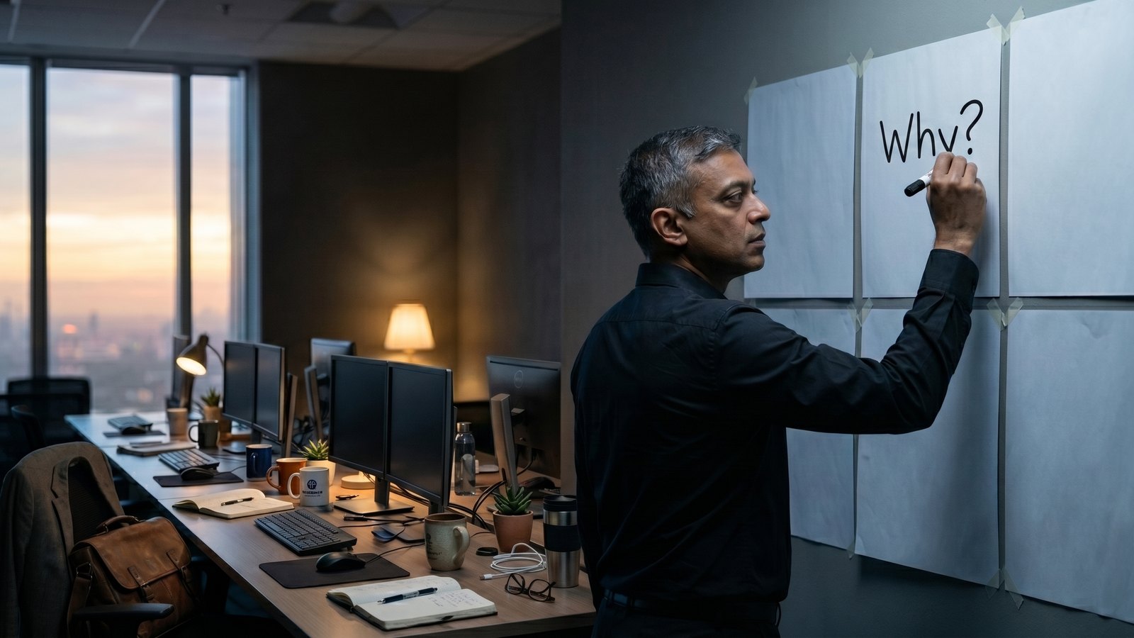 A founder alone in an empty office at dusk, writing a single question on a wall of taped-up paper.