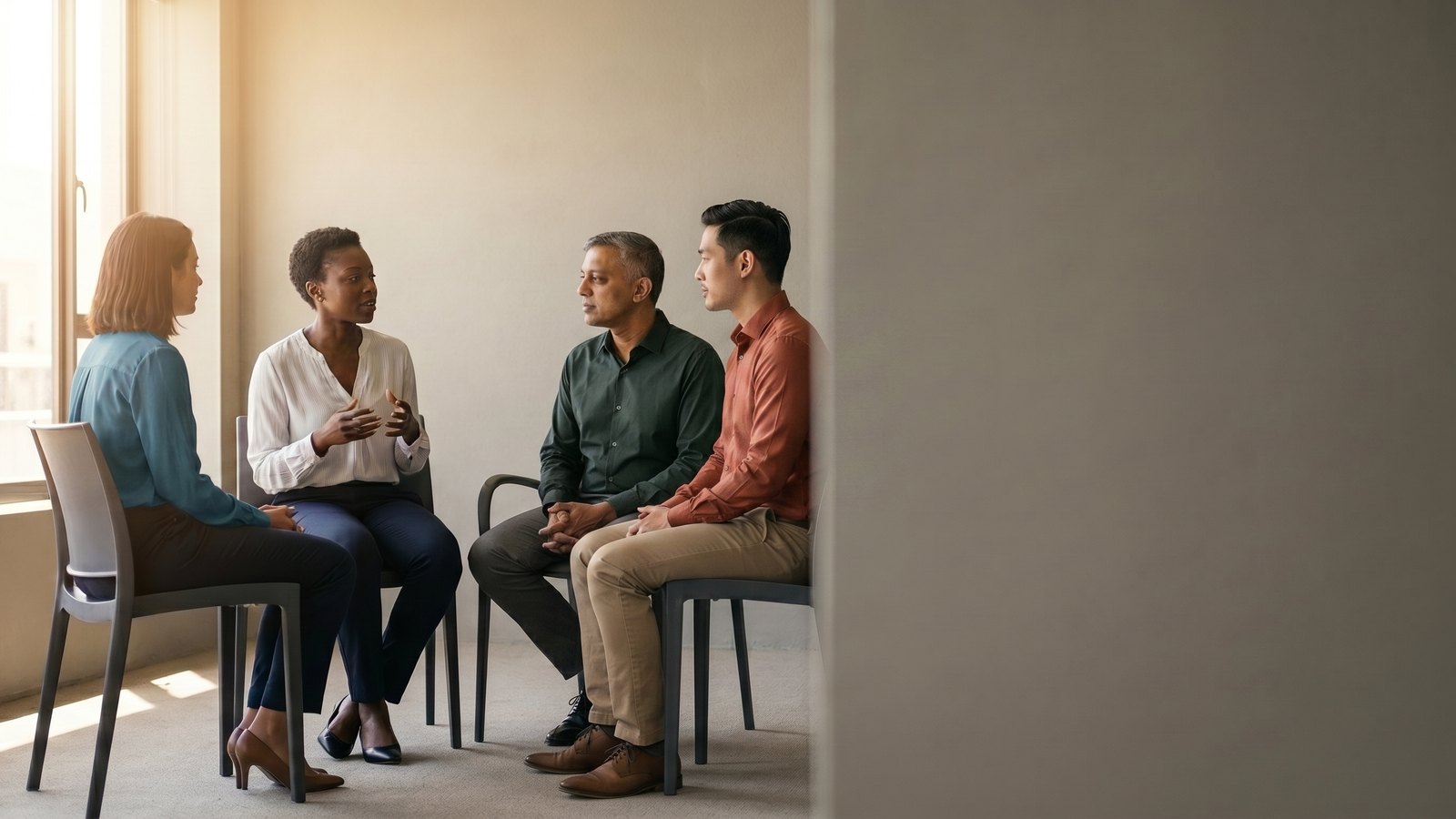 Four leaders in a loose circle of chairs with no table between them, mid-conversation in morning light.