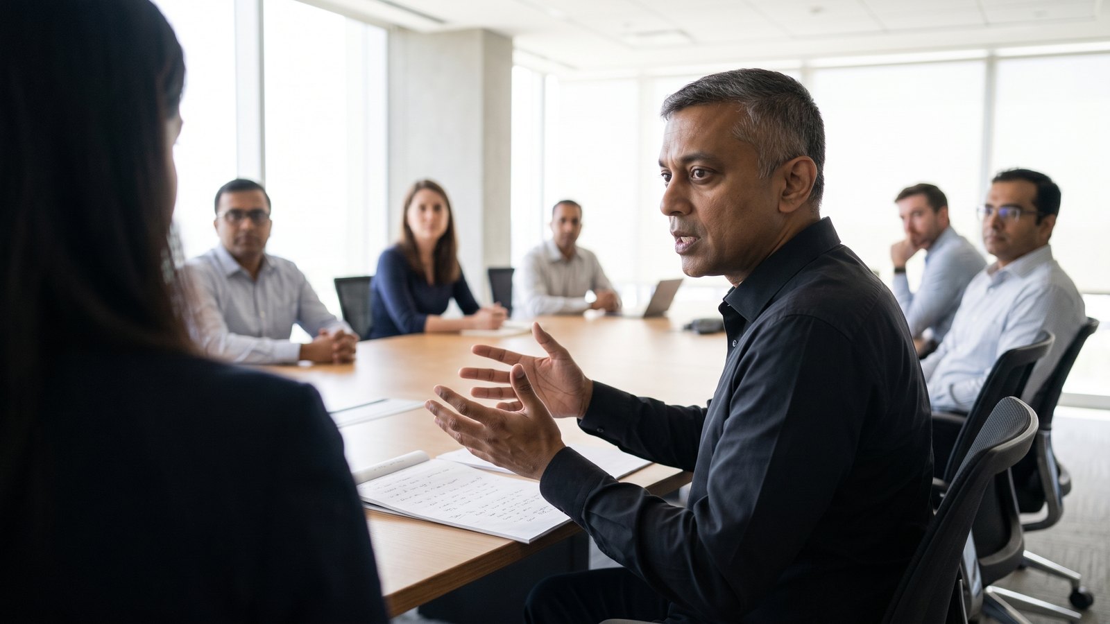 The founder mid-answer across a table from an interviewer, six colleagues around them, the room fully lit.