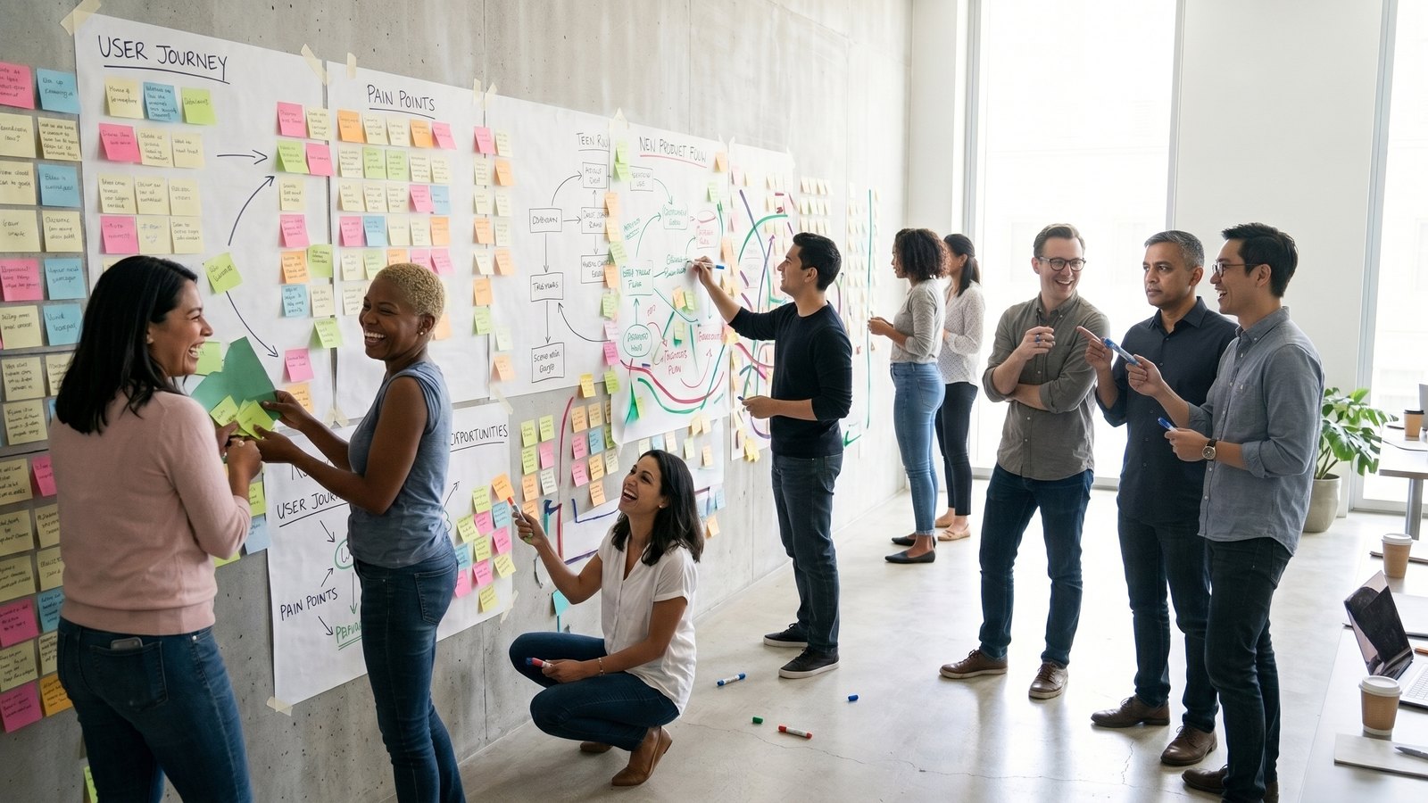 A dozen people working along a long wall of notes and diagrams in a bright open office.