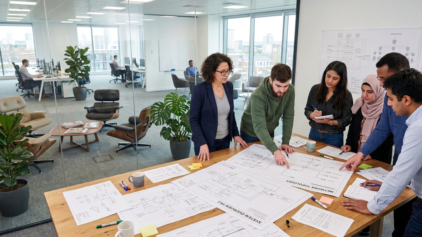 An architect and a working group over laid-out diagrams, an open floor visible beyond the glass.