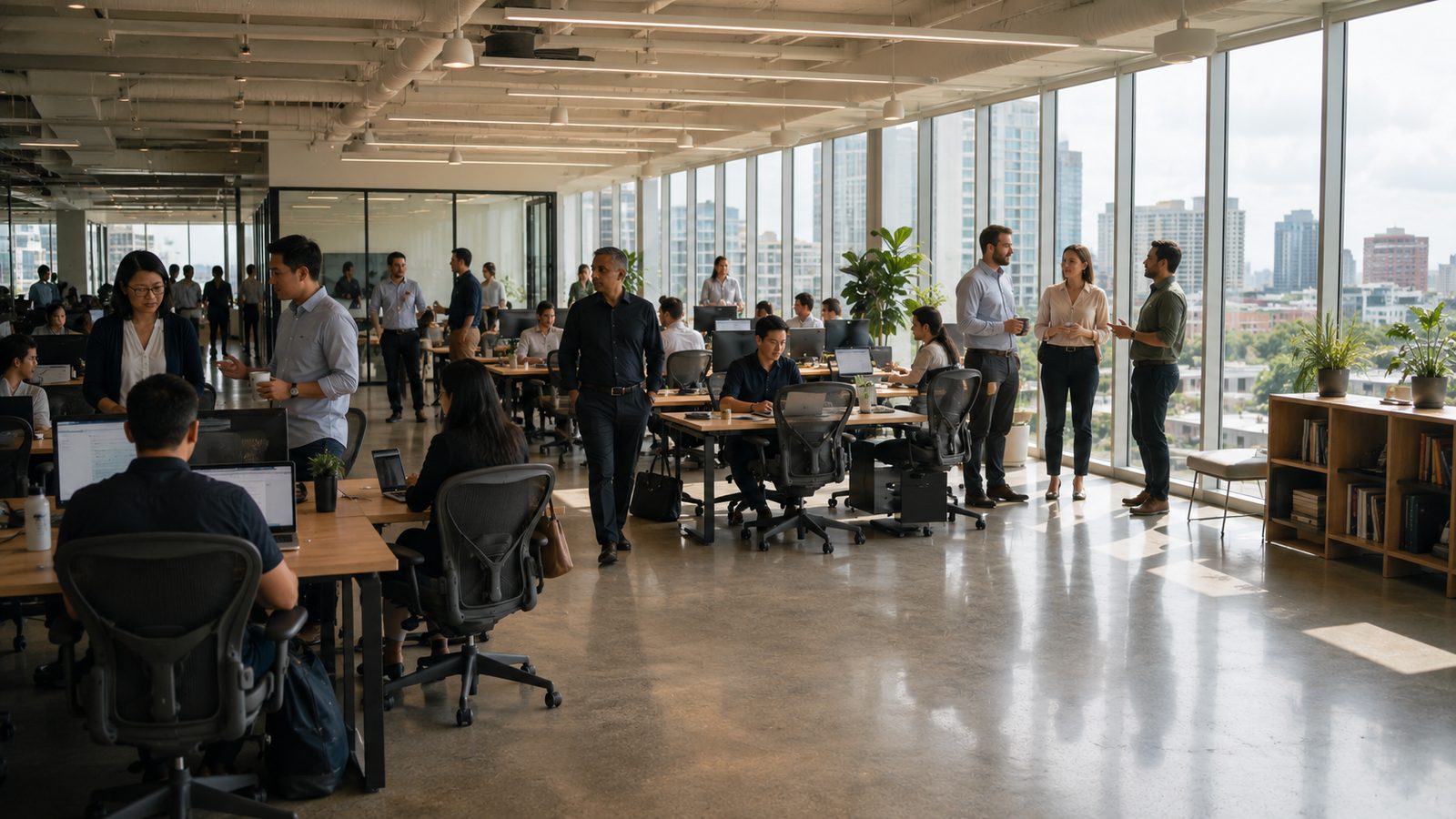 A whole floor of people arriving into a bright open office in the morning, unhurried.